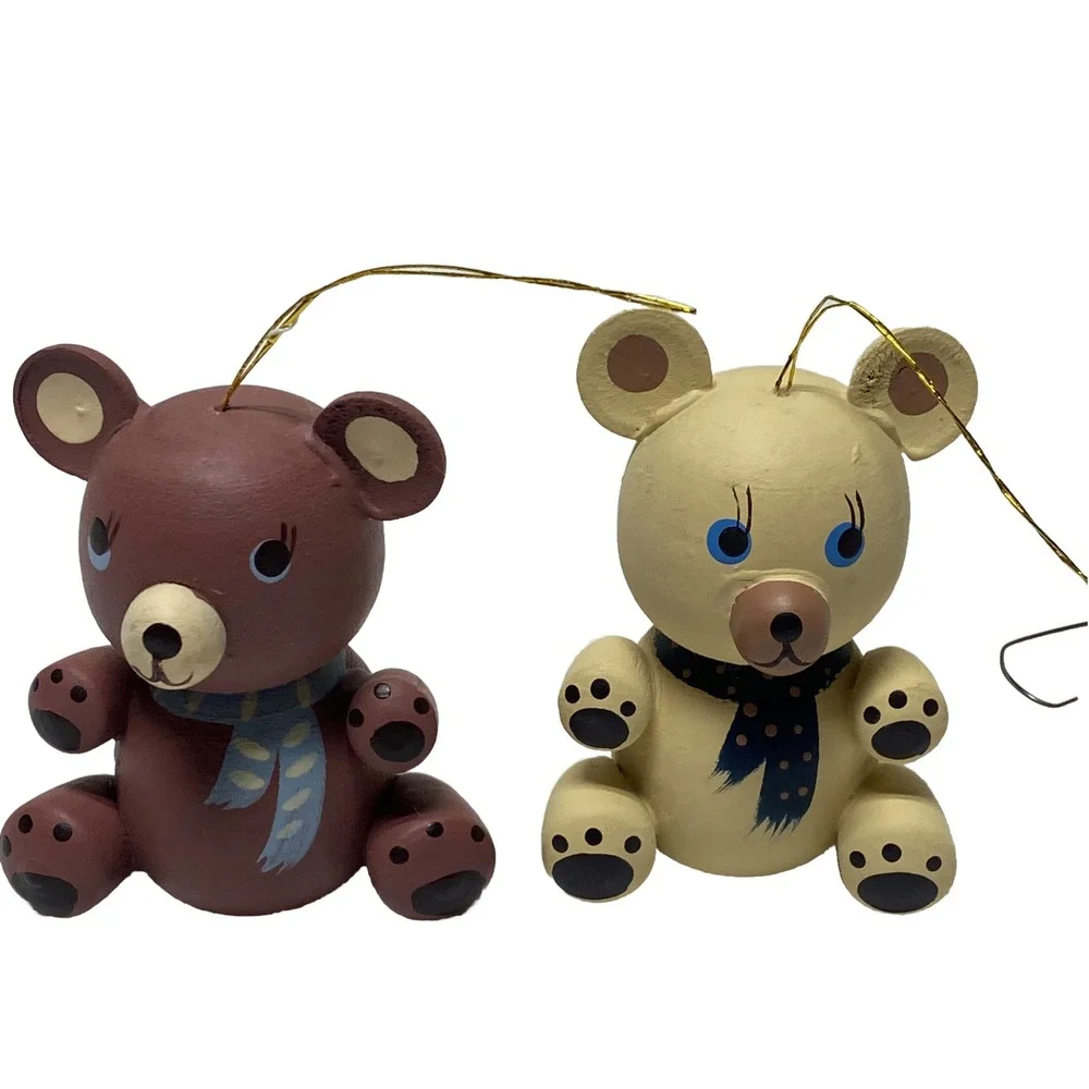Vintage Wooden Teddy bear Christmas ornaments Lot of 2 Taiwan 3
